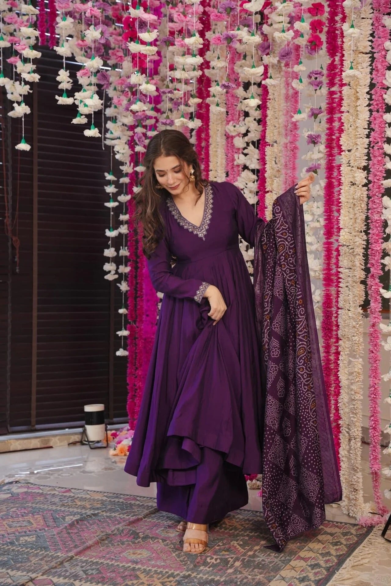 Elegant V-Neck Full Sleeve Anarkali Gown with Palazzo and Bandhej Dupatta