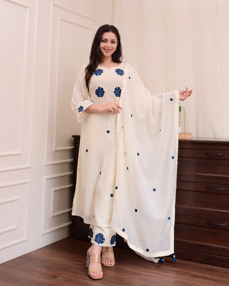 Elegant White Embroidered Suit Set with Blue Floral Accents
