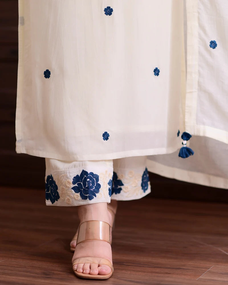 Elegant White Embroidered Suit Set with Blue Floral Accents