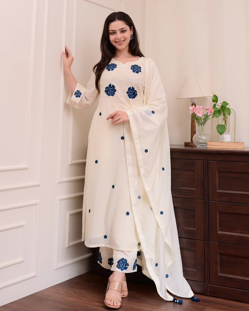 Elegant White Embroidered Suit Set with Blue Floral Accents