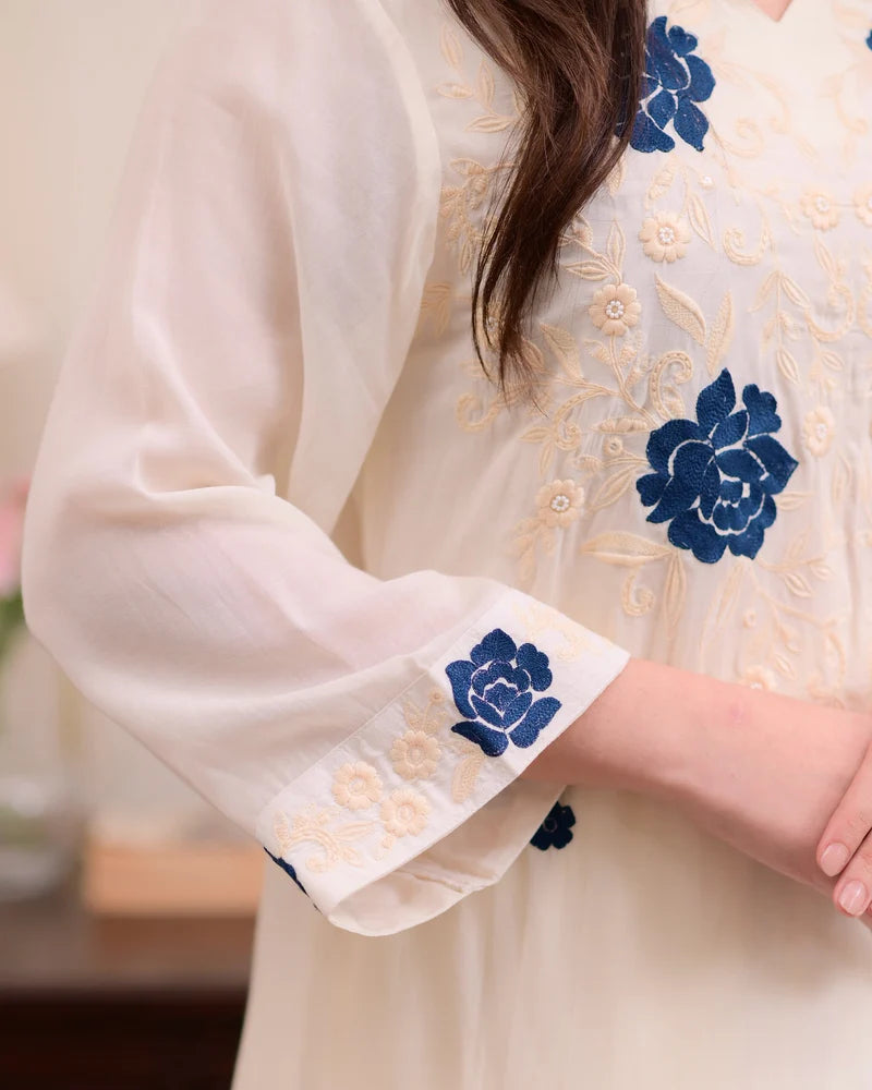 Elegant White Embroidered Suit Set with Blue Floral Accents