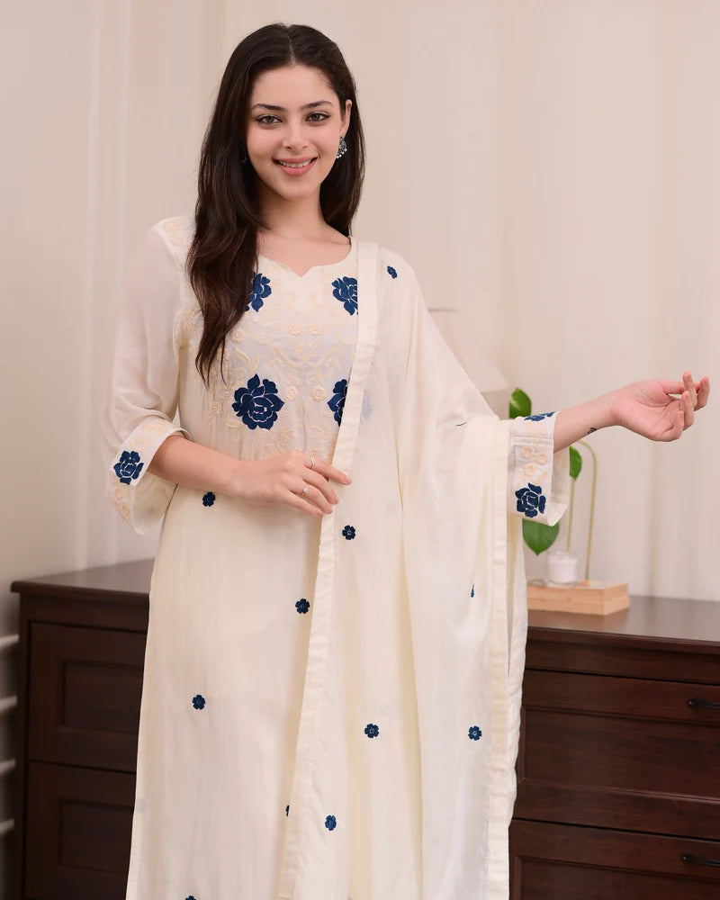 Elegant White Embroidered Suit Set with Blue Floral Accents