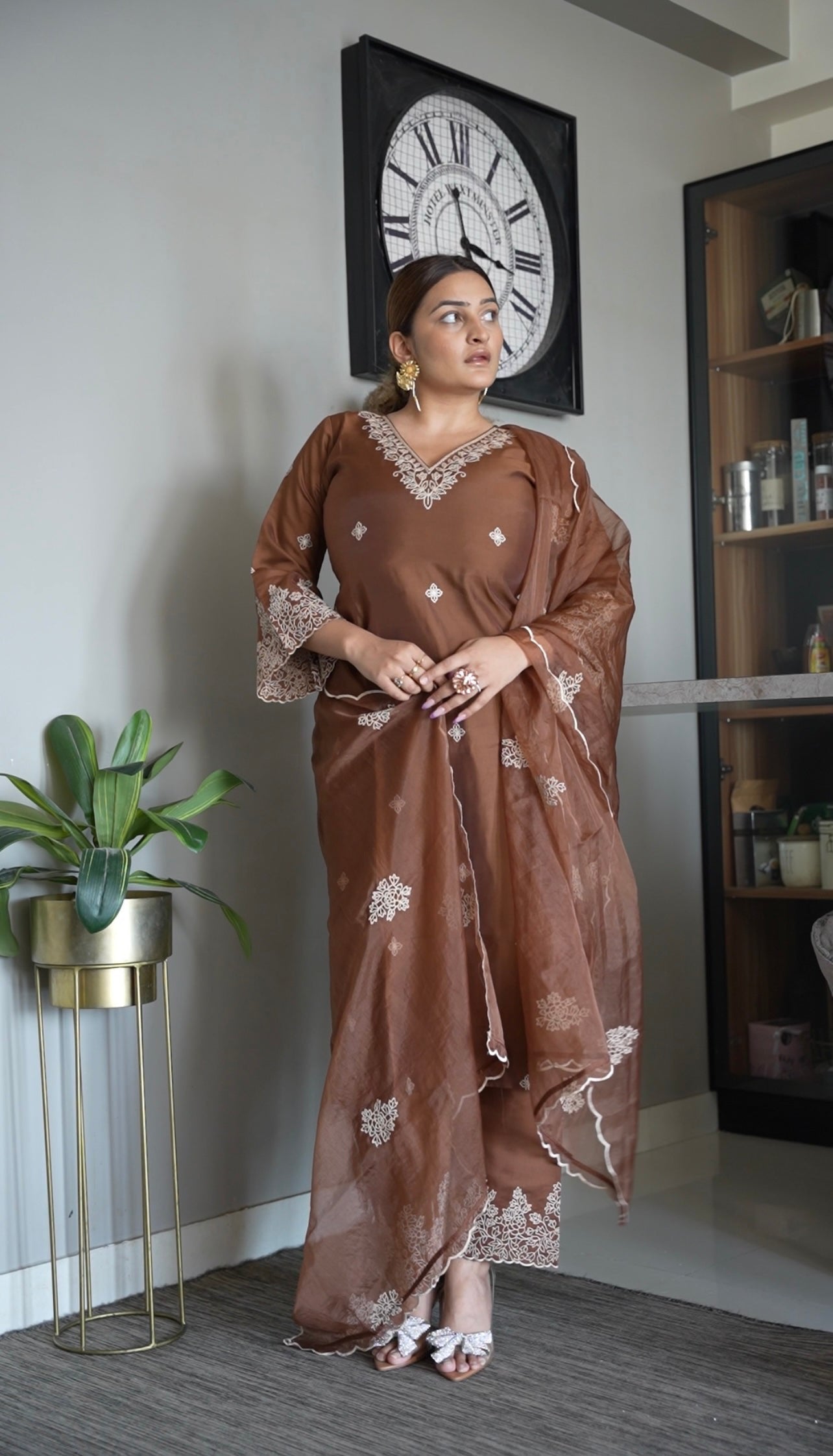 Designer Light Brown Organza Suit with Dupatta