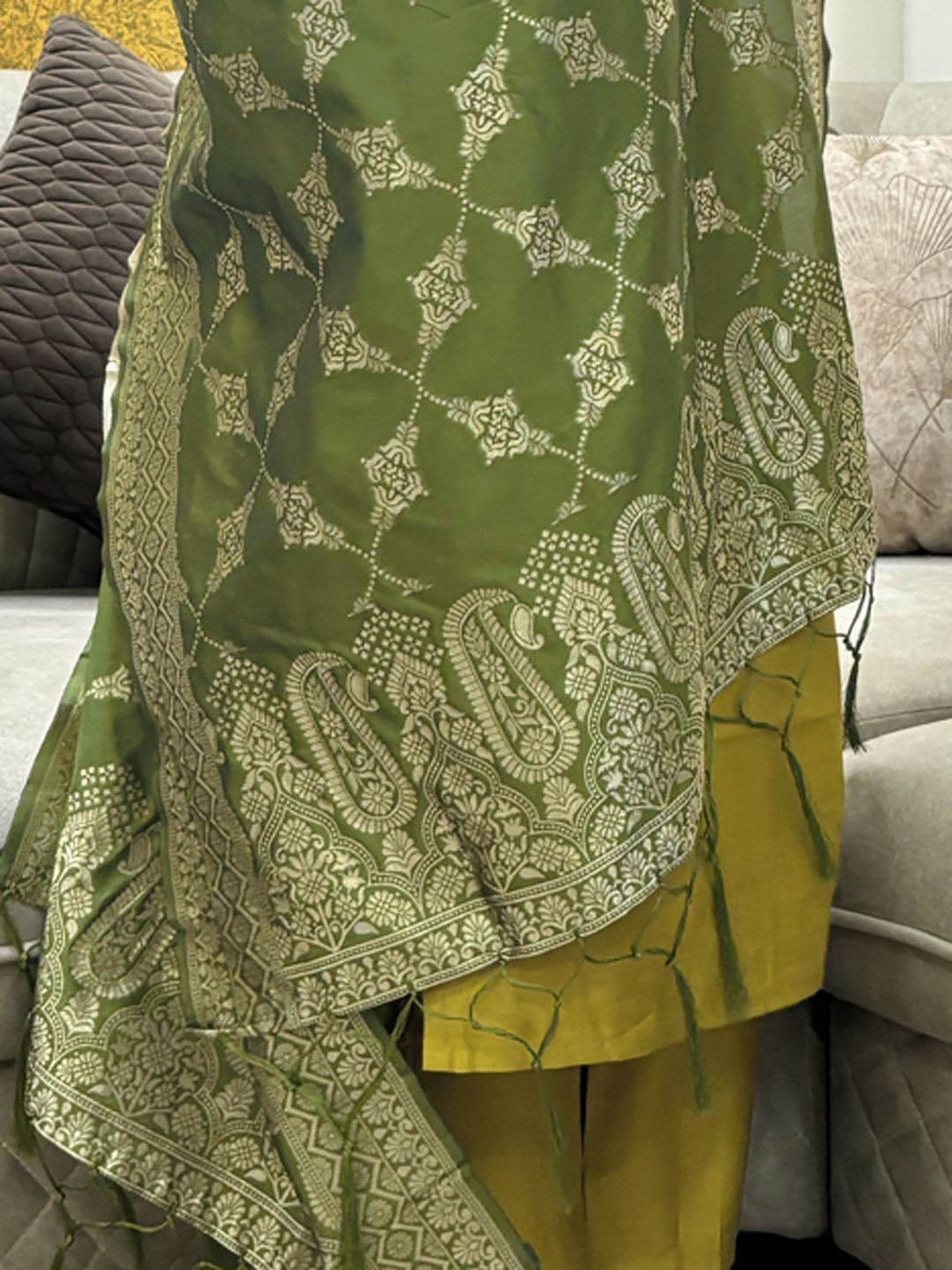 Traditional Yellow-Green Salwar Suit with Brocade Dupatta