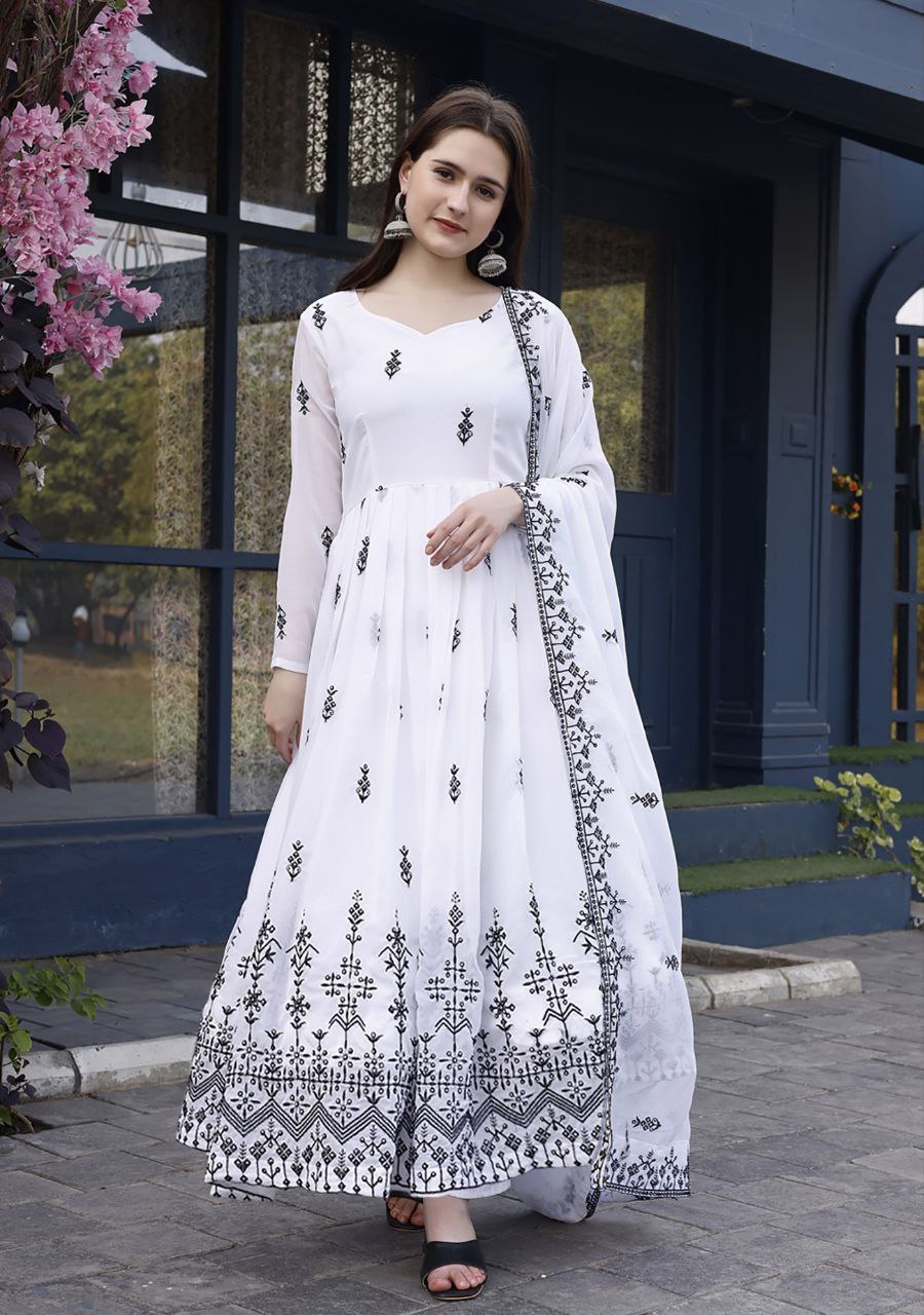 Monochrome Chikankari-Style Embroidered Anarkali Dress