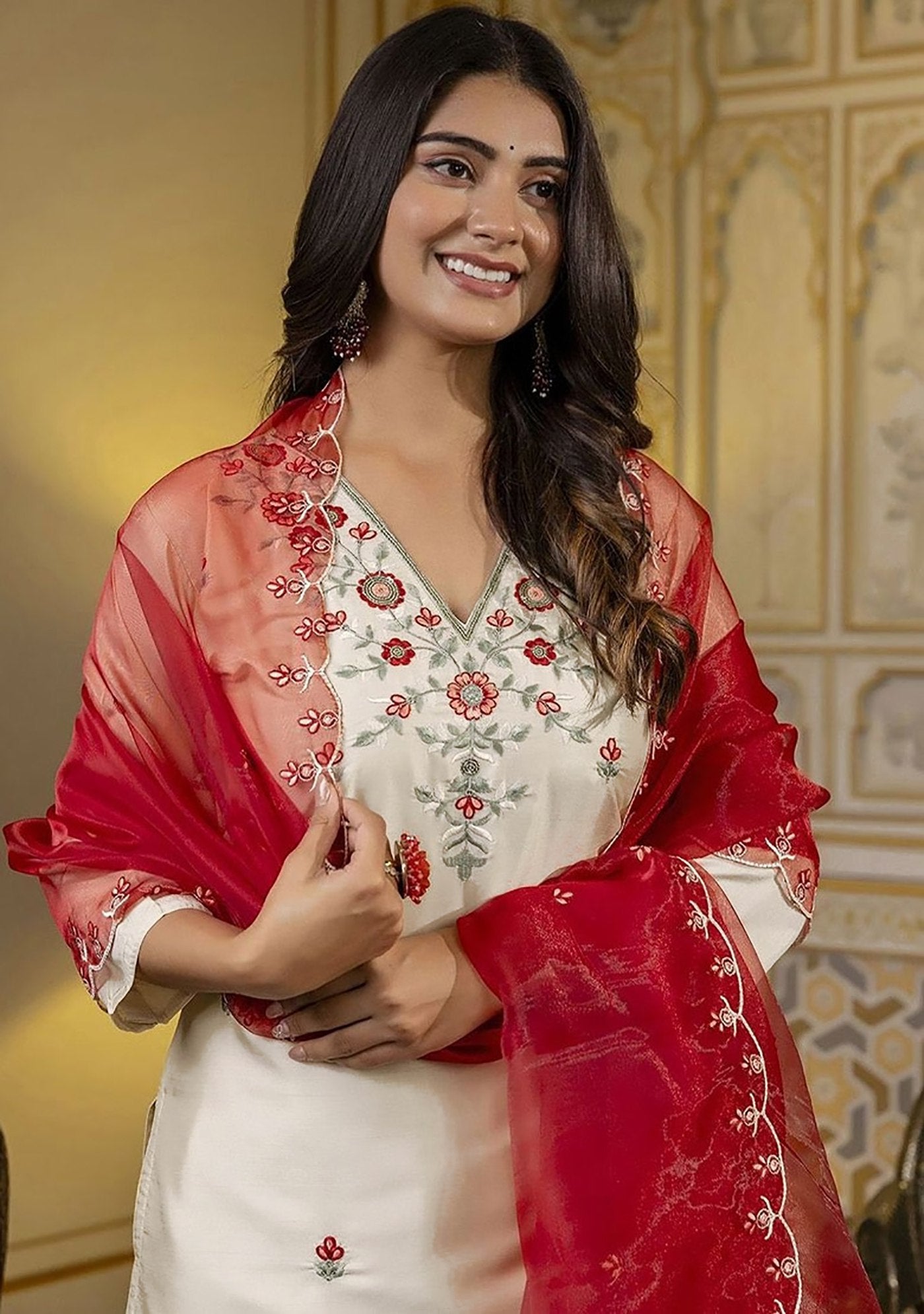 Ivory Embroidered Kurta Set with Red Floral Organza Dupatta