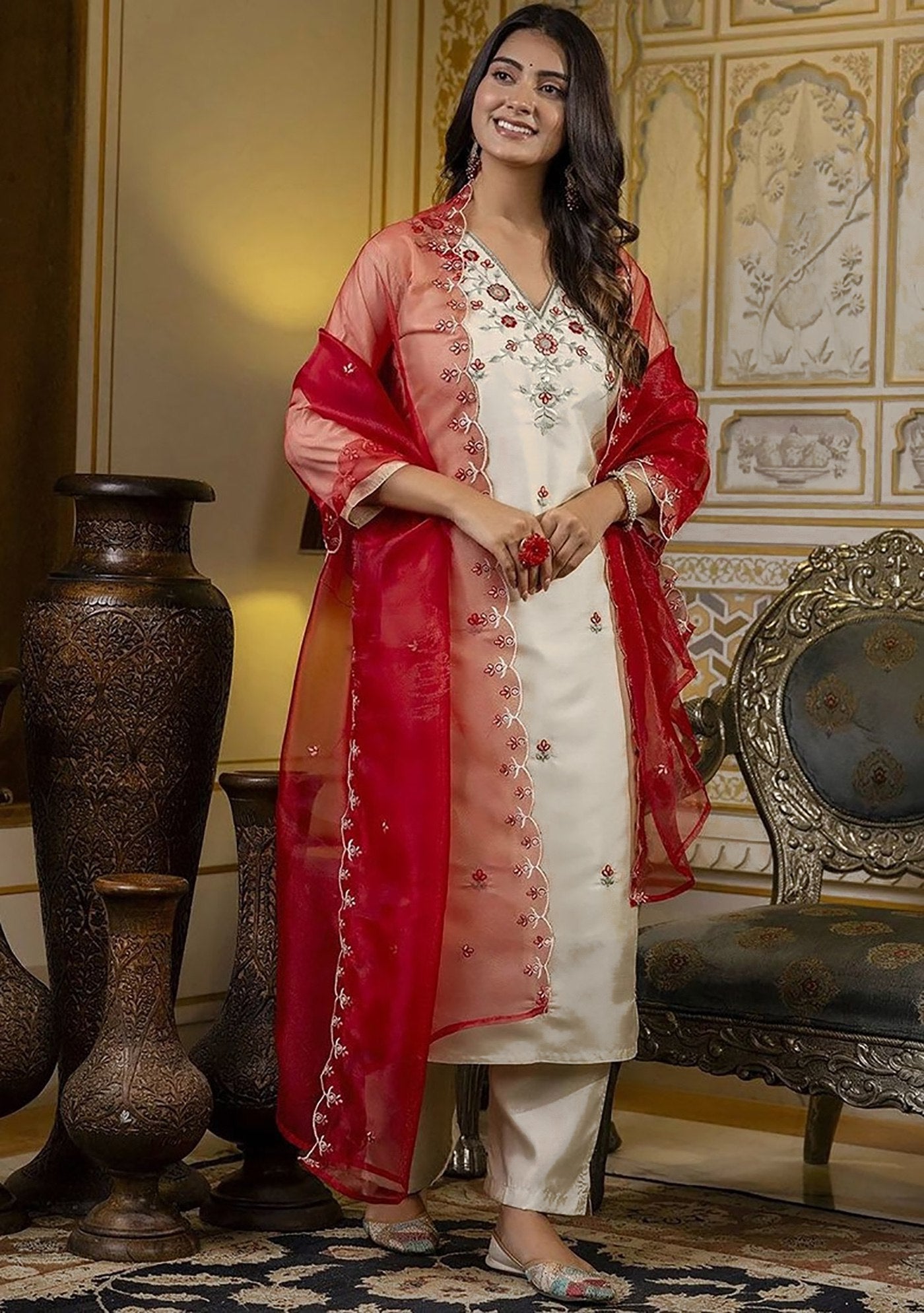 Ivory Embroidered Kurta Set with Red Floral Organza Dupatta