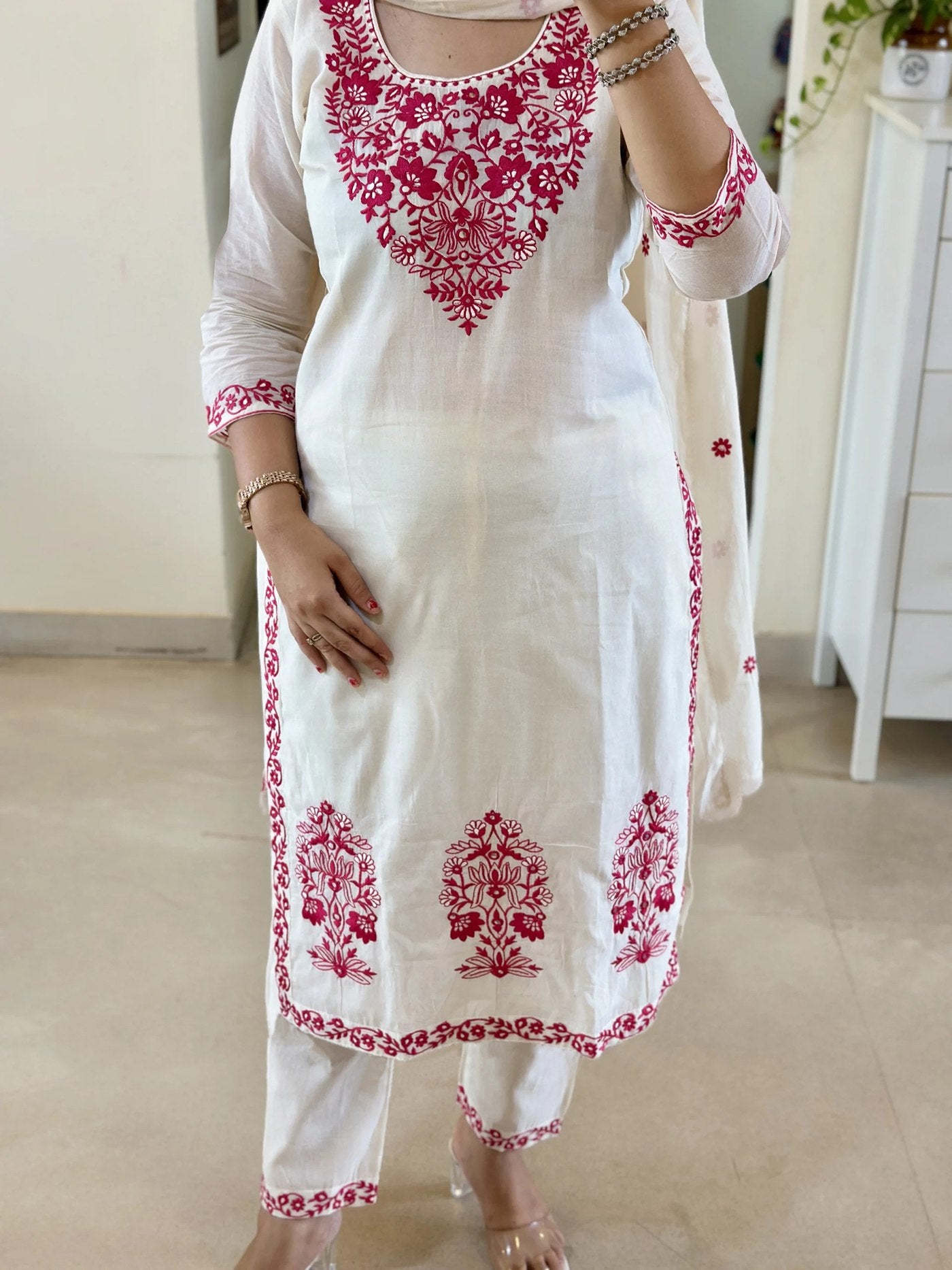Chikankari Style White Kurta Set with Hot Pink Thread Embroidery and Dupatta