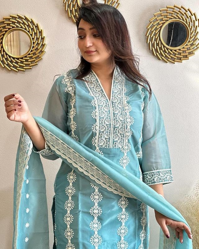 Elegant Sea Sky Blue Chikankari Embroidered 3-Piece Kurta Set