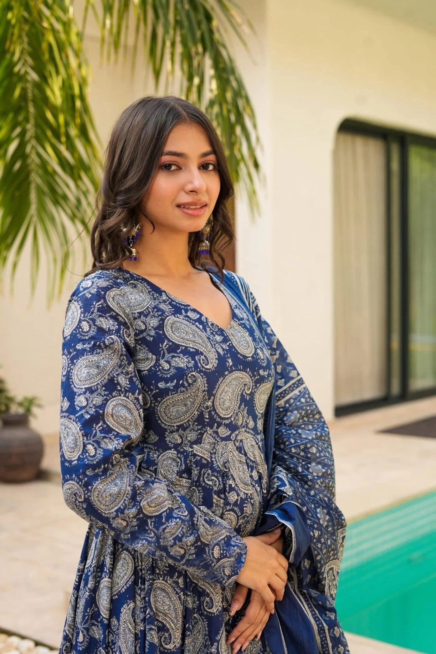Blue Printed Anarkali Kurta Set with Palazzo/Pants and Dupatta