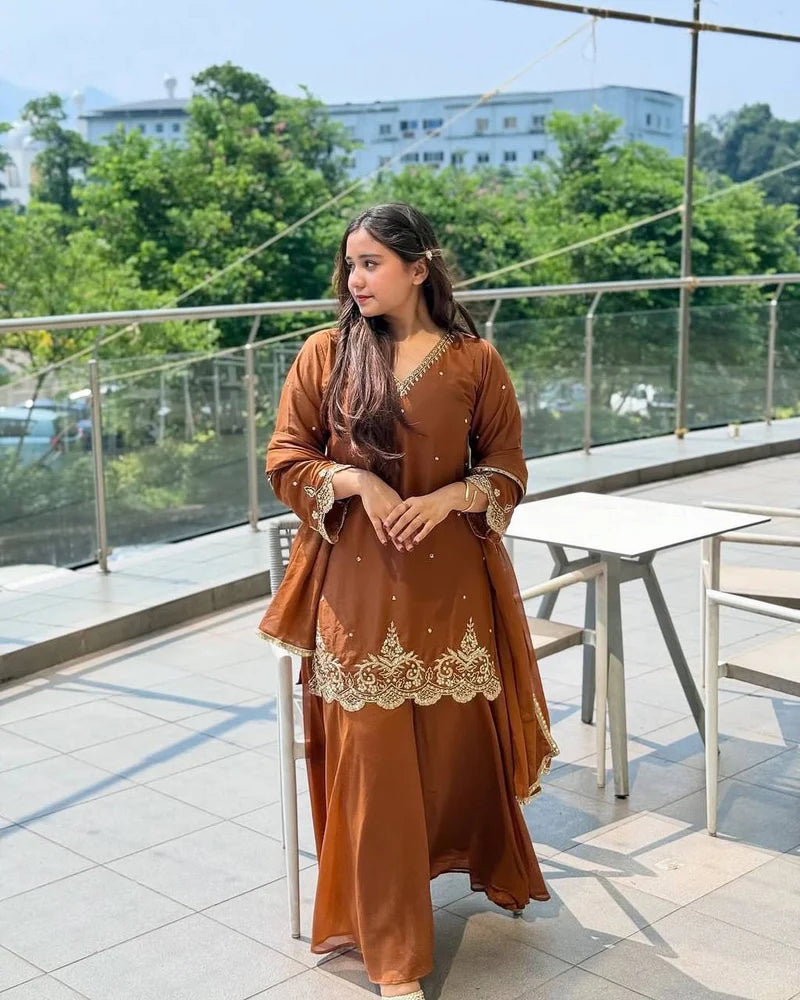 Presenting &nbsp;New Designer Party Wear Look Top-Plazzo and Dupatta With Heavy Embroidery Work