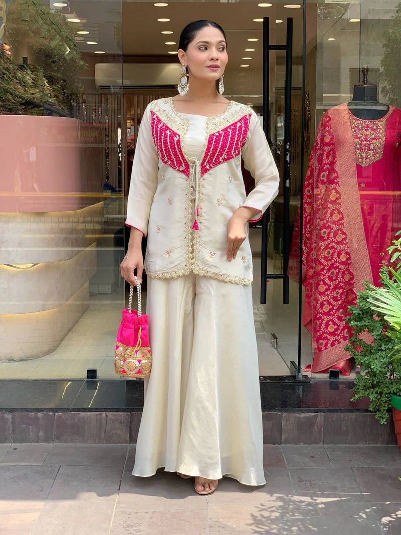 Roman Shimmer Silk With Embroidery Coding Sequence Work With Beads Co-ord Sets