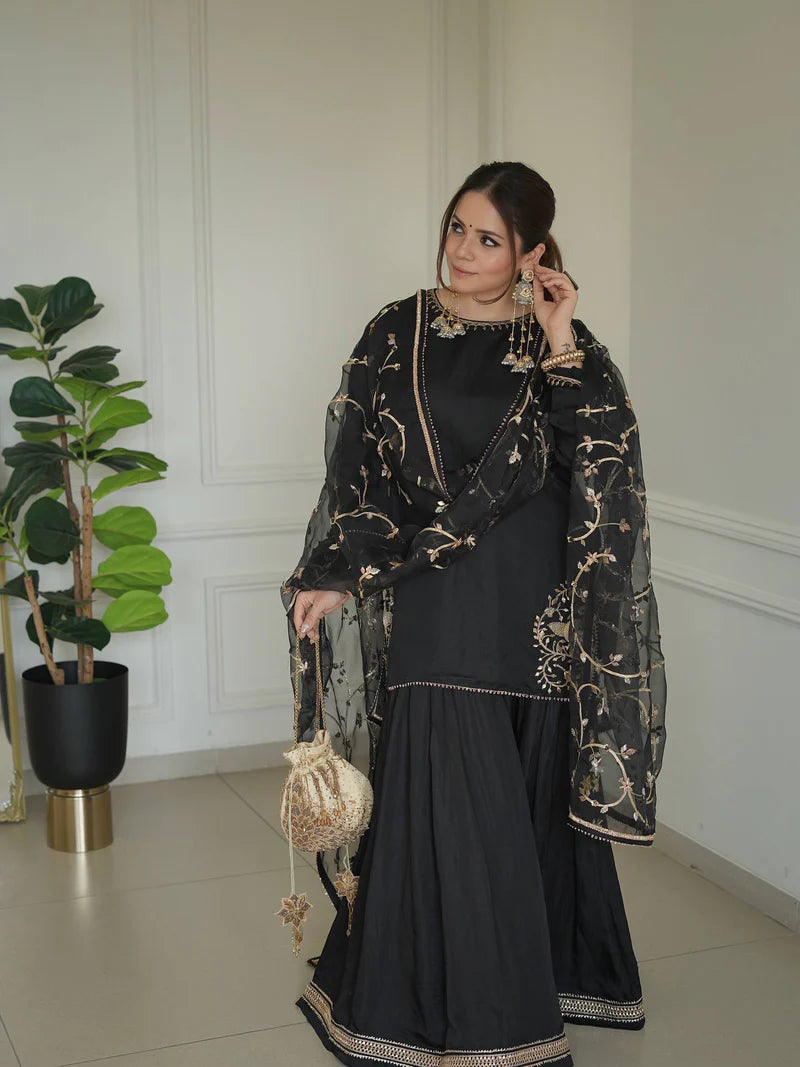 Pure Natural Crep With Embroidery Sequence Work Kurta Set