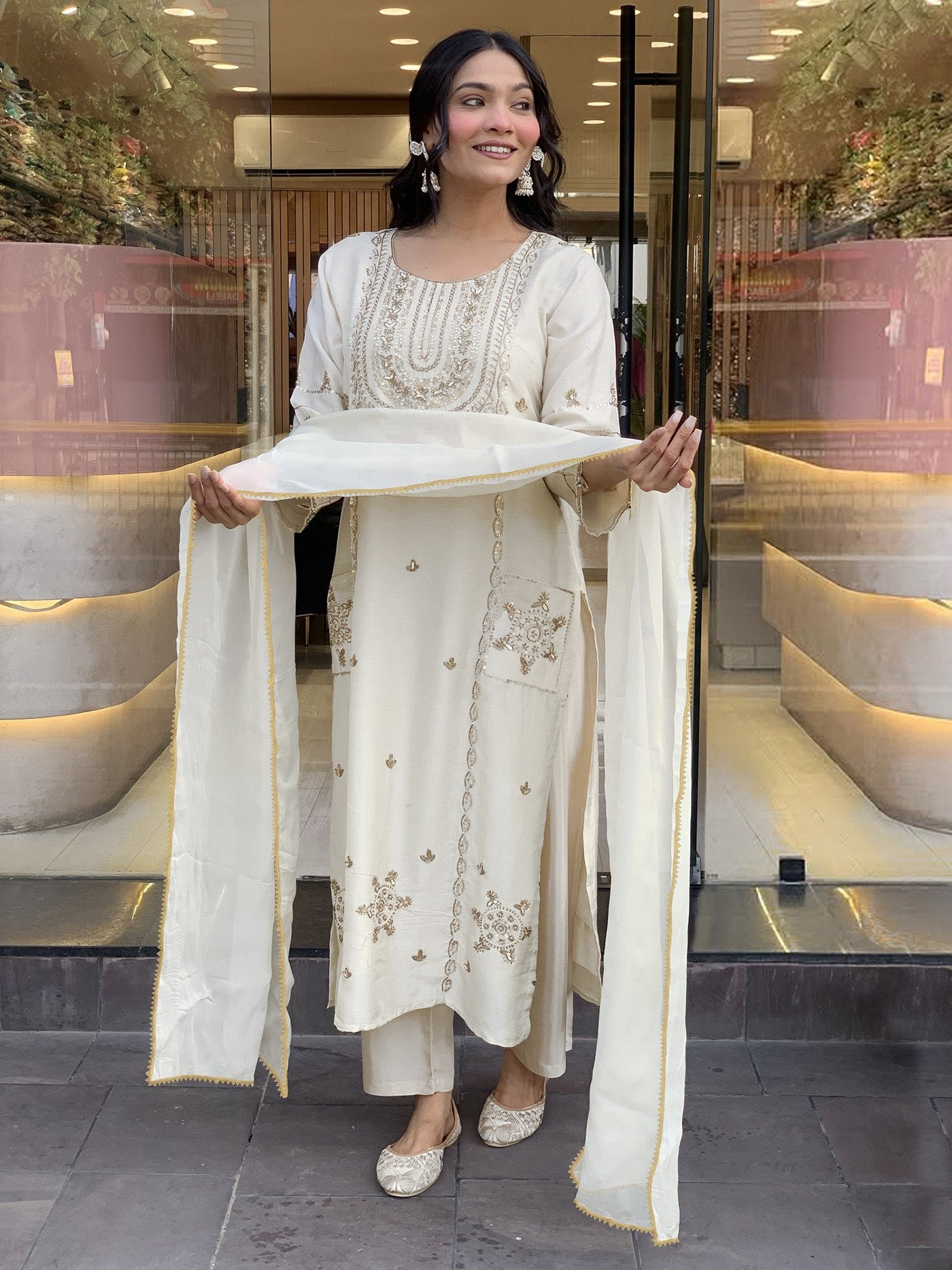 Designer Off-White Straight Cut Salwar Suit