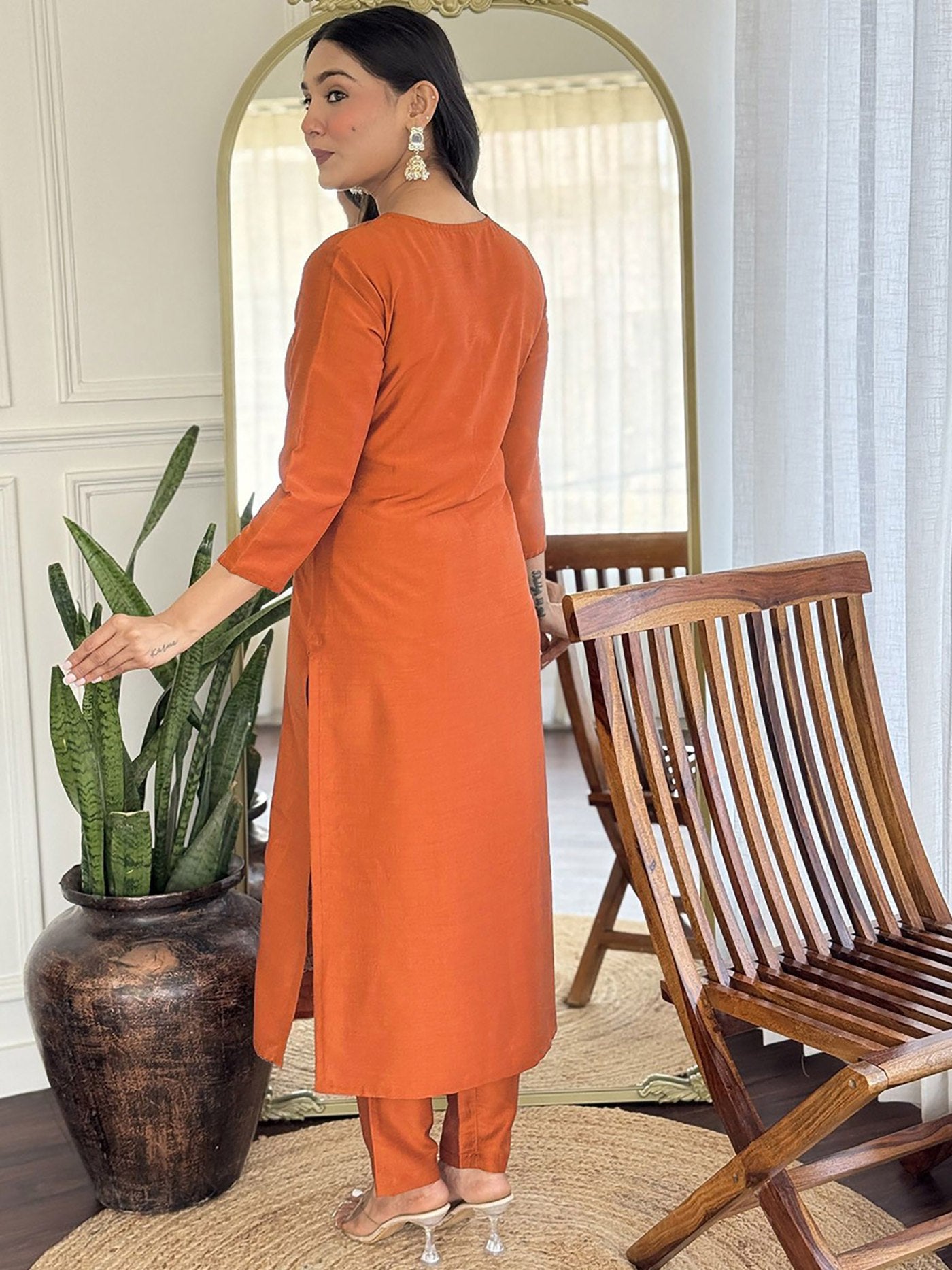 Rust Orange Solid Kurta Pant Dupatta Set