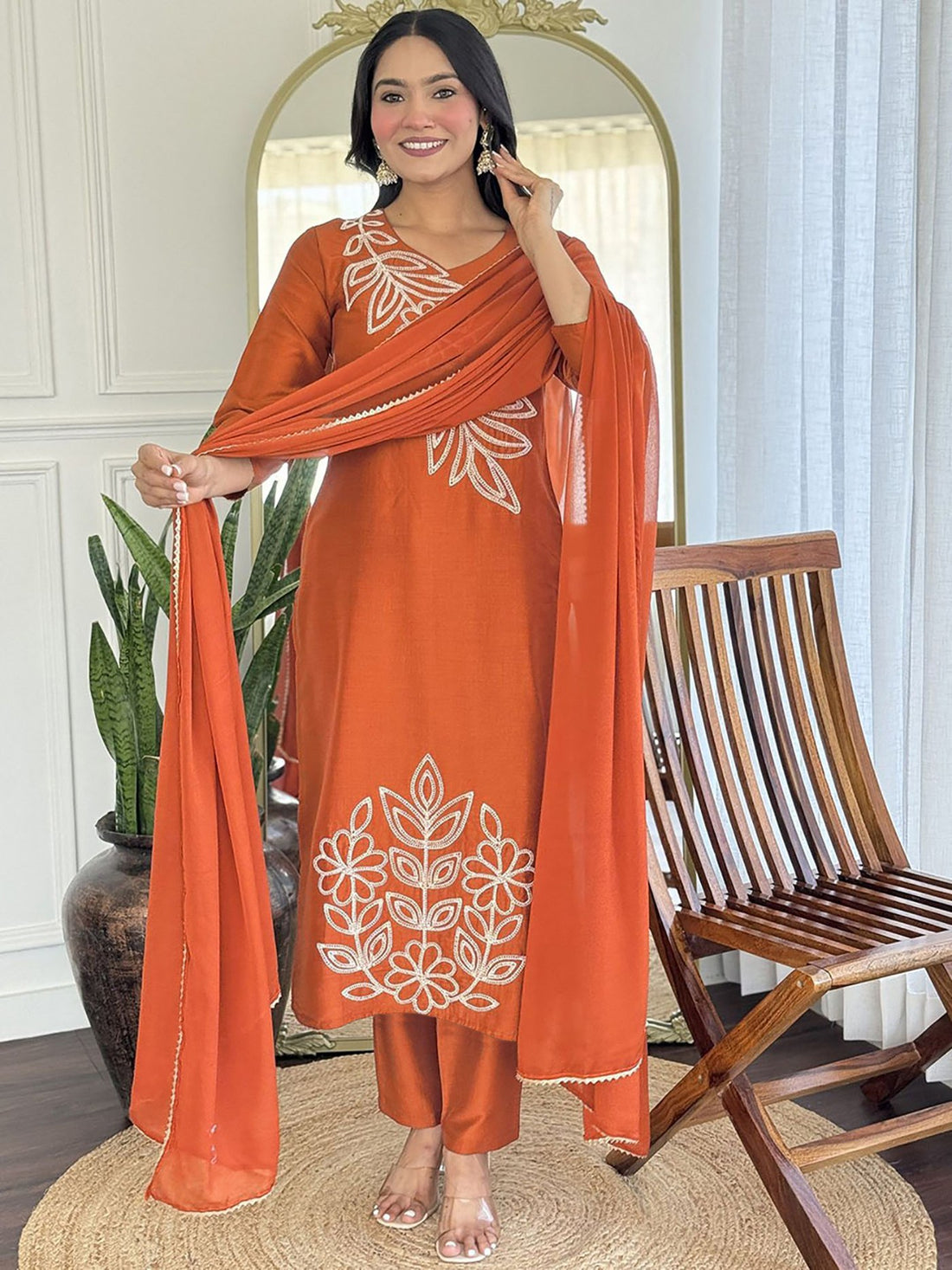 Rust Orange Solid Kurta Pant Dupatta Set