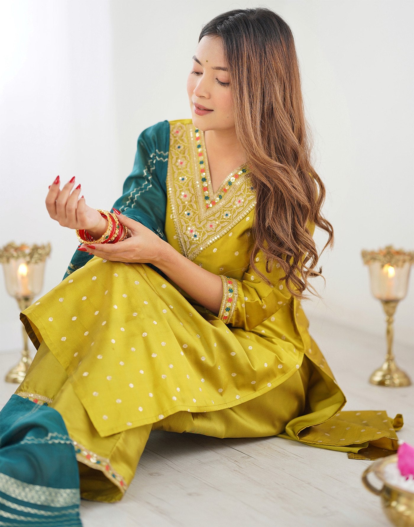 Mustard Yellow Silk/Cotton Blend Kurta Set with Teal Dupatta
