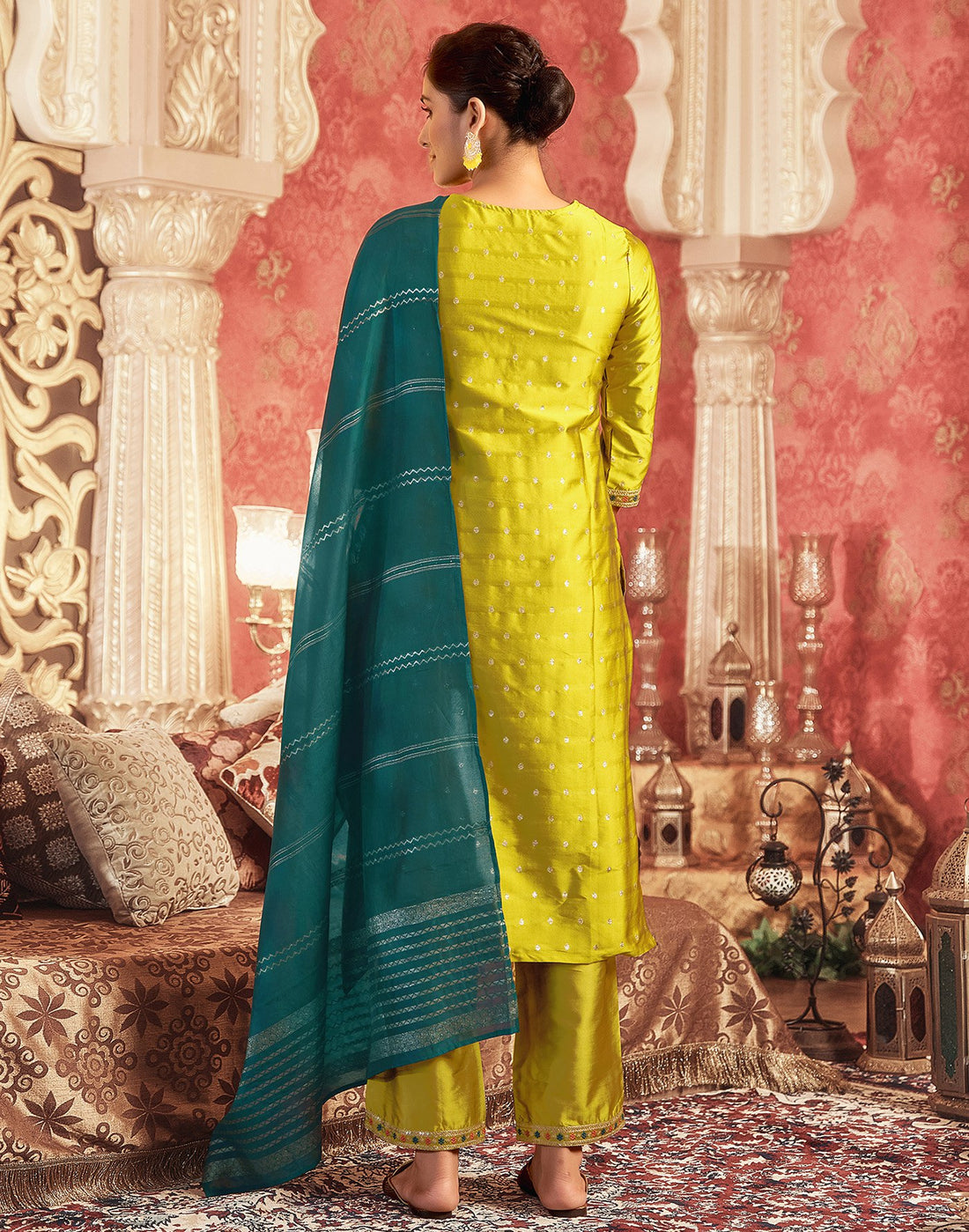 Mustard Yellow Silk/Cotton Blend Kurta Set with Teal Dupatta