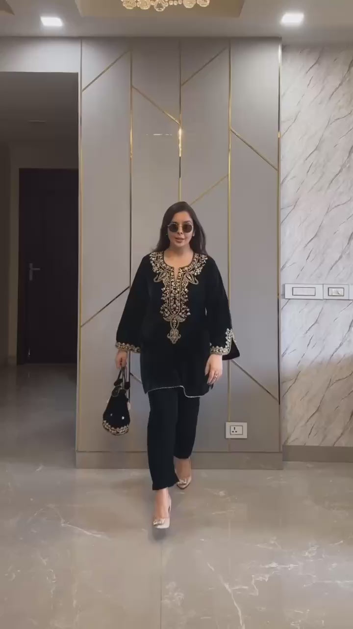 Velvet Embroidered Kurti Pant Set