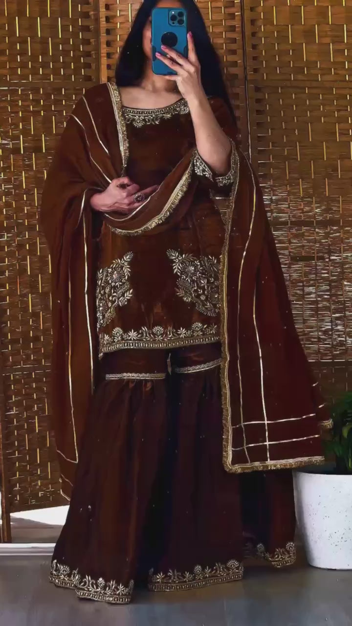Chocolate Brown Heavy Embroidery Sharara Set