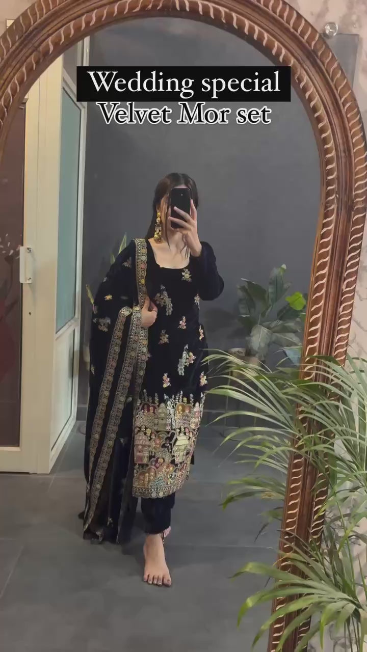 Royal Black Embroidery Work Kurta Pant Dupatta Set