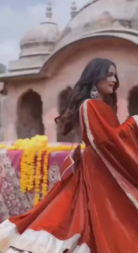 Rust Orange Silk Anarkali Suit with Gold Border Dupatta