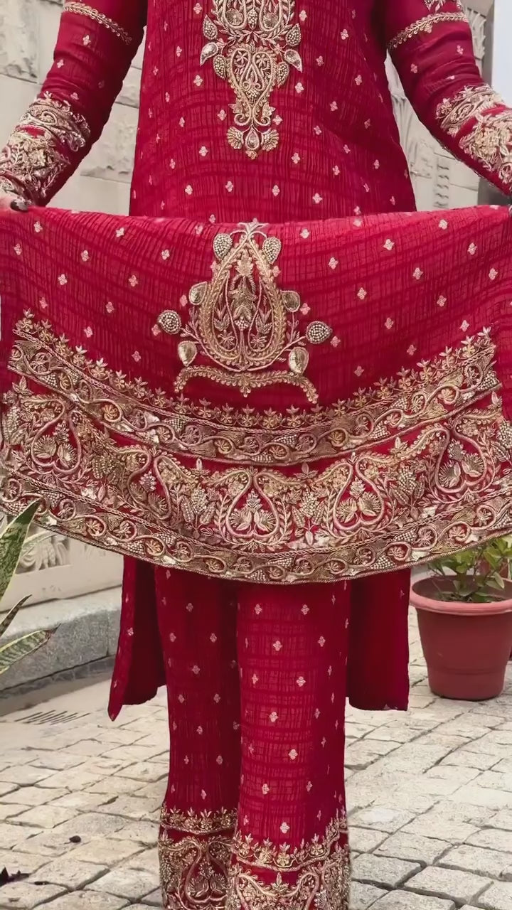 Festive Elegance Deep Red Heavy Work Palazzo Suit